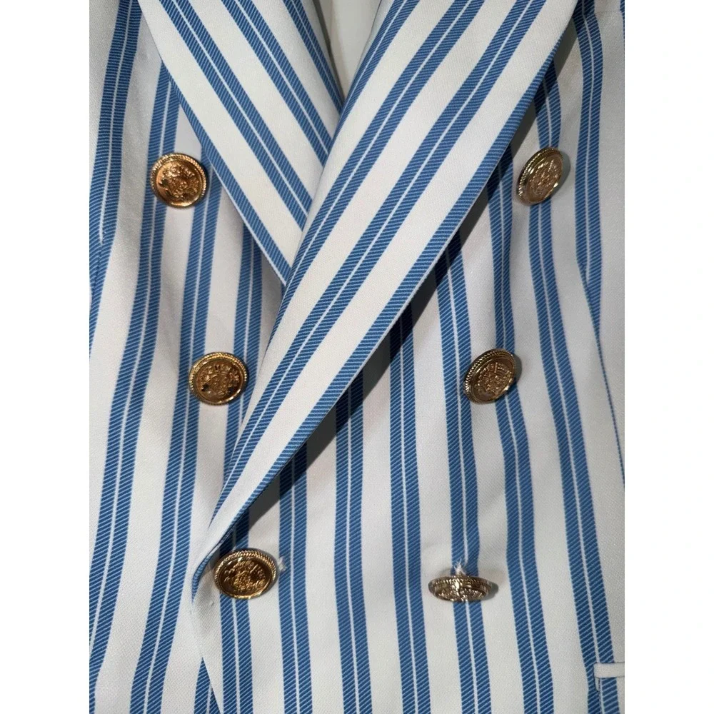 TOCCIN Blue White Striped Double Breasted Blazer Gold Button Peaked Lapel Jacket
